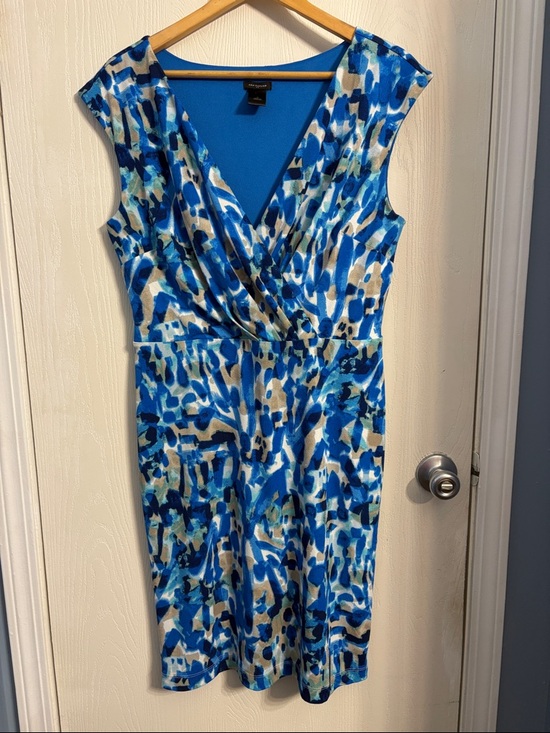 Ann Taylor Dresses & Skirts - Ann Taylor Blue and Tan Abstract Faux-Wrap Midi Dress